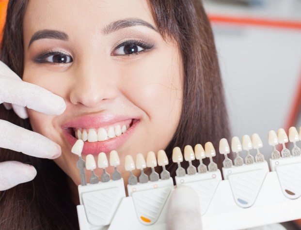 Cosmetic dentist using shade guide to give a patient veneers